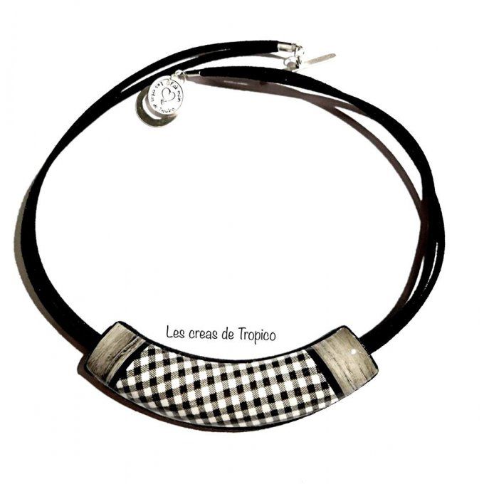 COLLIER TORQUE NOIR ET BLANC VICHY ROND