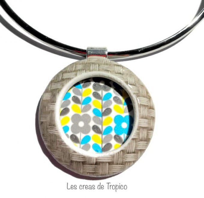 COLLIER BOIS BLEU MARQUETERIE FLEUR