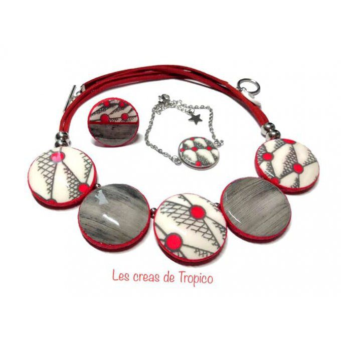 COLLIER FIMO BOIS POIS ROUGE