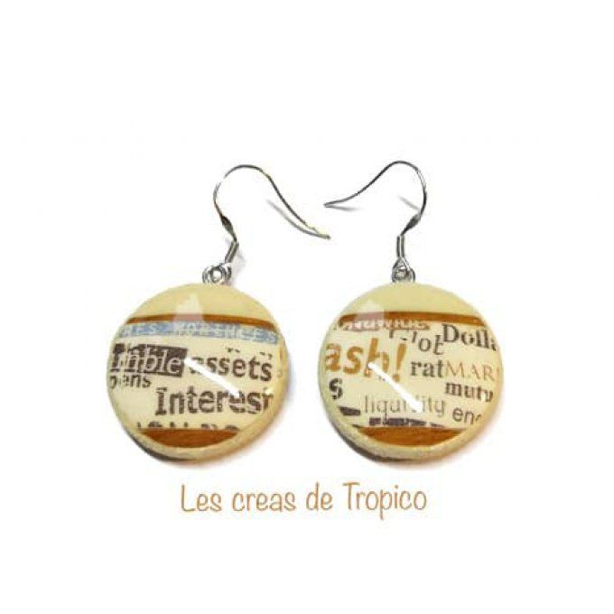 BOUCLES D'OREILLES FIMO BOIS MARRON ECRITURE