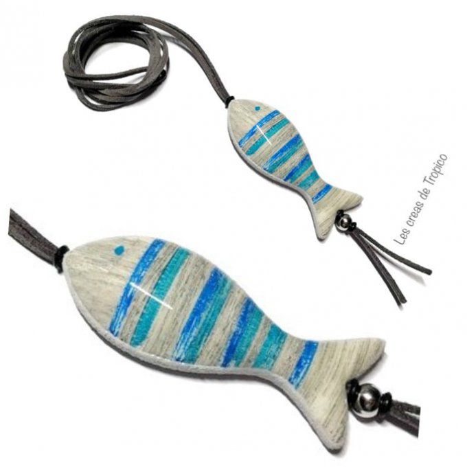 COLLIER SAUTOIR SARDINE BOIS USE BLEU