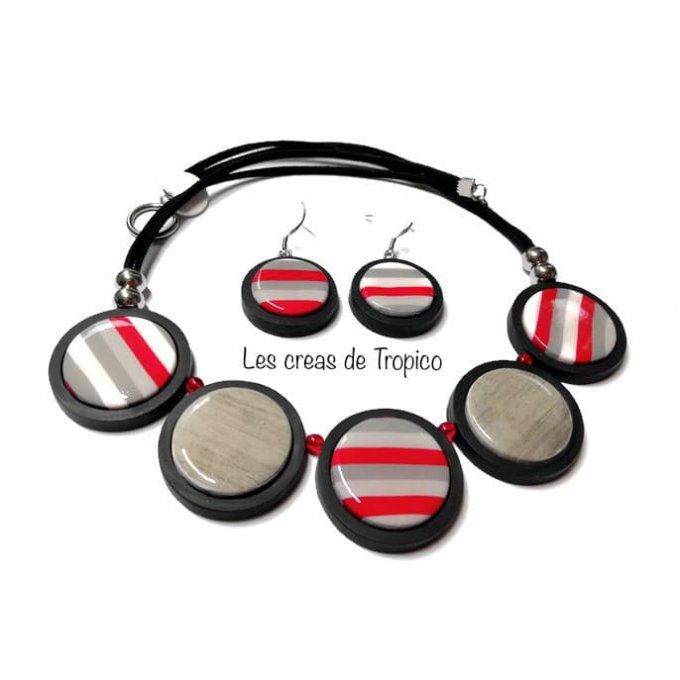 COLLIER FIMO BOIS ROUGE GRIS