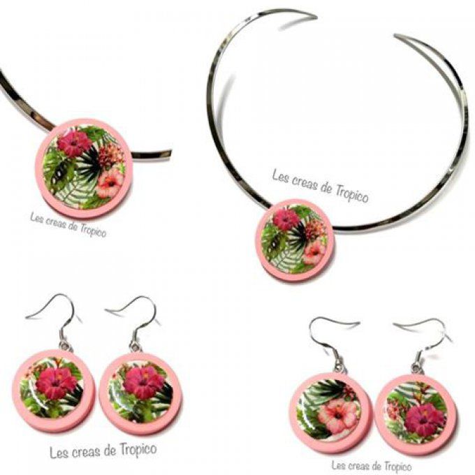 COLLIER FIMO FLEUR EXOTIQUE ROSE