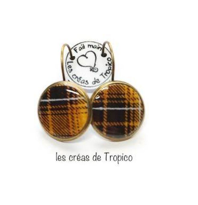 BOUCLES D'OREILLES  BOIS  CABOCHON ECOSSAIS BRONZE