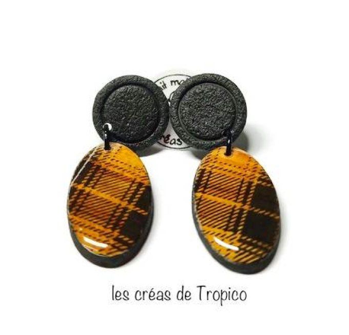 BOUCLES D'OREILLES  BOIS OVALE ECOSSAIS