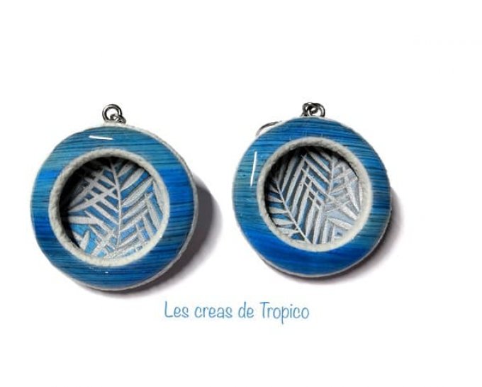 BOUCLES D'OREILLES FIMO FEUILLAGE BLEU