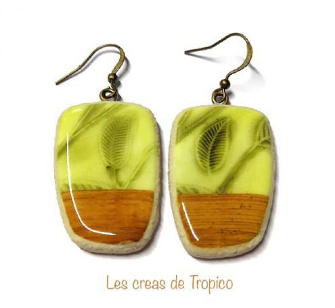 BOUCLES D'OREILLES FIMO BOIS MARRON FEUILLE