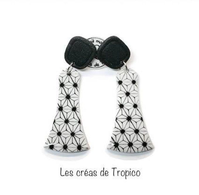 BOUCLES  D'OREILLES GEOMETRIE NOIR BLANC