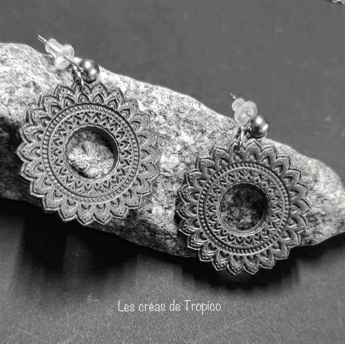 BOUCLES  D'OREILLES FIMO MANDALA ARGENT