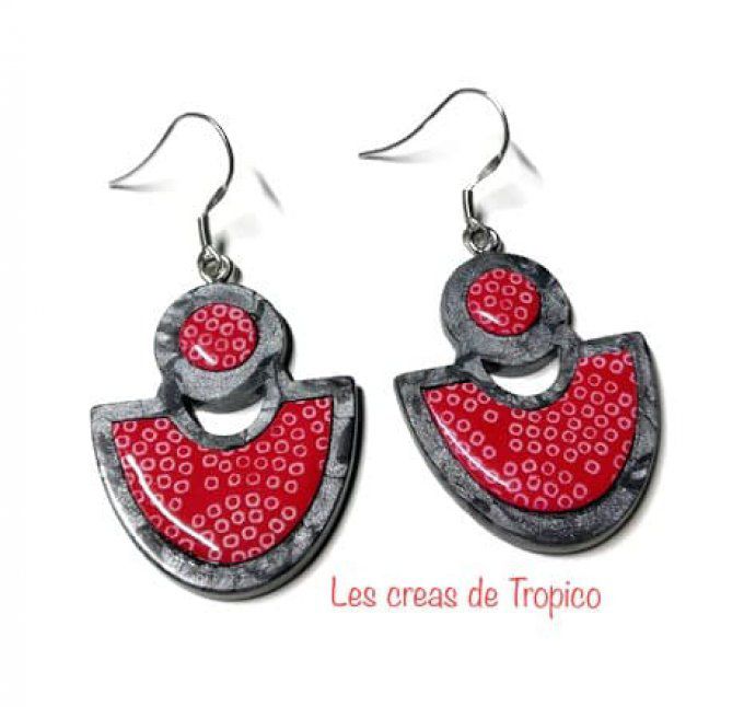 BOUCLES D'OREILLES FIMO GRIS ROUGE