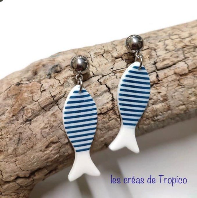 BOUCLES OREILLES FIMO SARDINE RAYURE