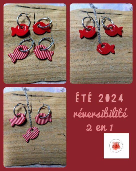 BOUCLES OREILLES REVERSIBLE ROUGE ET RAYURES