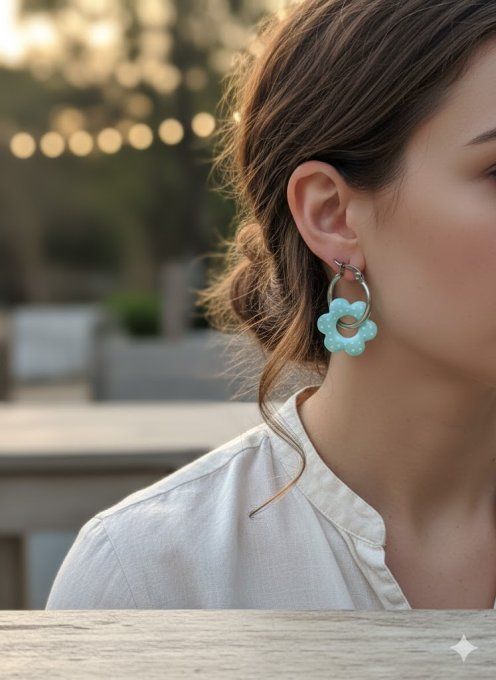 Paires de boucles d'oreilles créoles avec pendentifs fleurs en pâte polymère vert pastel à pois et r