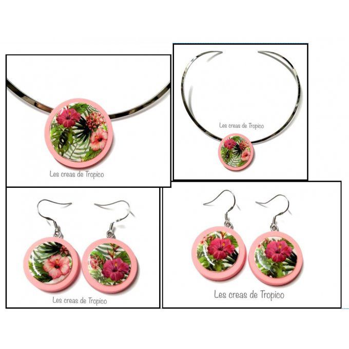 COLLIER FIMO FLEUR EXOTIQUE ROSE