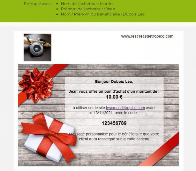 Exemple de carte cadeau personnalisée avec montant au choix.