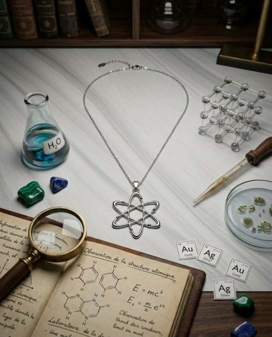Collier avec pendentif en forme d'atome argenté