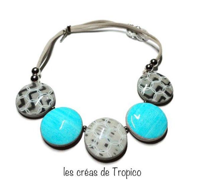 COLLIER FIMO BOIS BLEU GEOMETRIE