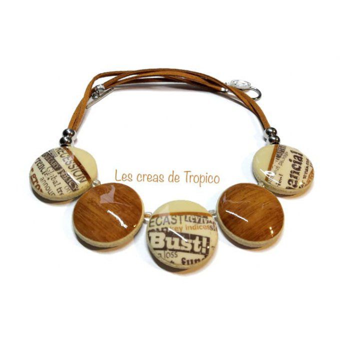 COLLIER FIMO BOIS MARRON ECRITURE 