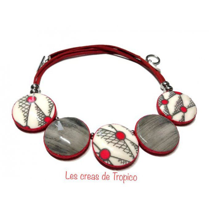 COLLIER FIMO BOIS POIS ROUGE