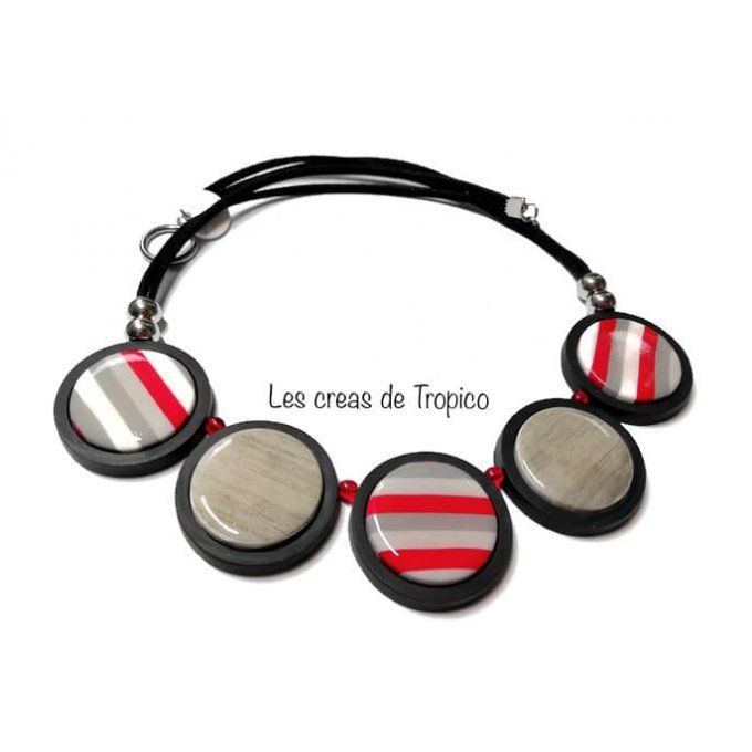 COLLIER FIMO BOIS ROUGE GRIS