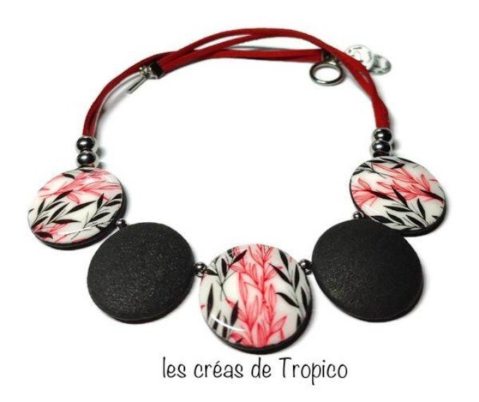 COLLIER FIMO BOIS FLEUR ROUGE