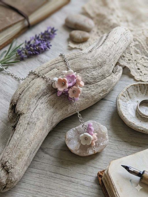 Collier lariat fleurs en argile polymère lilas et rose
