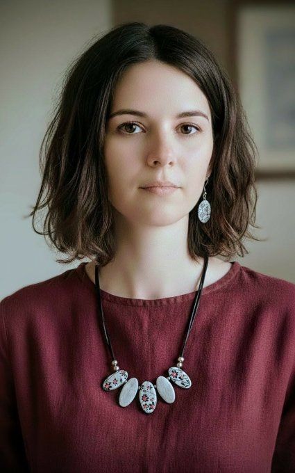 Bijou fait main délicat composé de cinq pendentifs en polymère gris clair avec des motifs floraux li