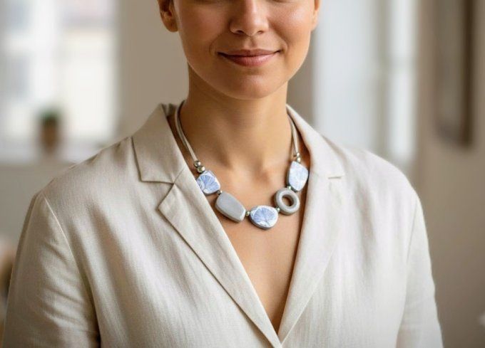 Collier artisanal en pâte polymère motifs feuilles de ginkgo biloba bleu sur fond blanc, perles gris