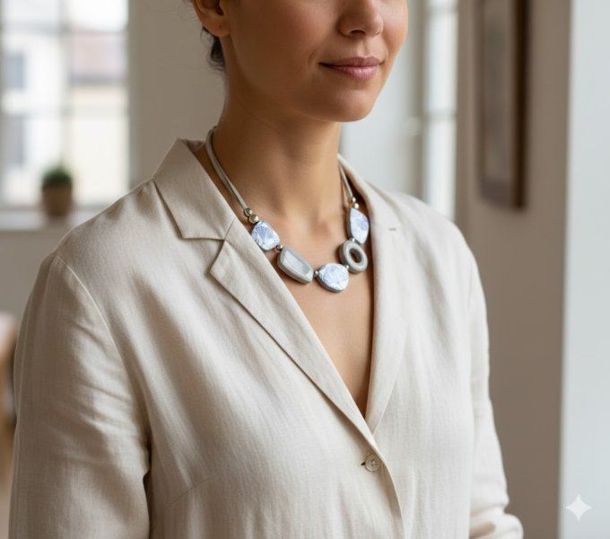 Collier artisanal en pâte polymère motifs feuilles de ginkgo biloba bleu sur fond blanc, perles gris