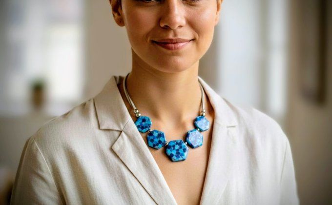 Collier avec cinq perles hexagonales en pâte polymère effet mosaïque bleue et paillettes argentées