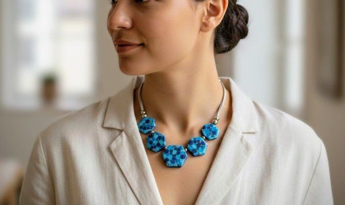Collier avec cinq perles hexagonales en pâte polymère effet mosaïque bleue et paillettes argentées