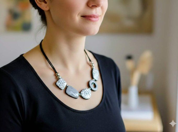 Collier artisanal en pâte polymère grise avec motifs de notes de musique et perles en acier inoxydab
