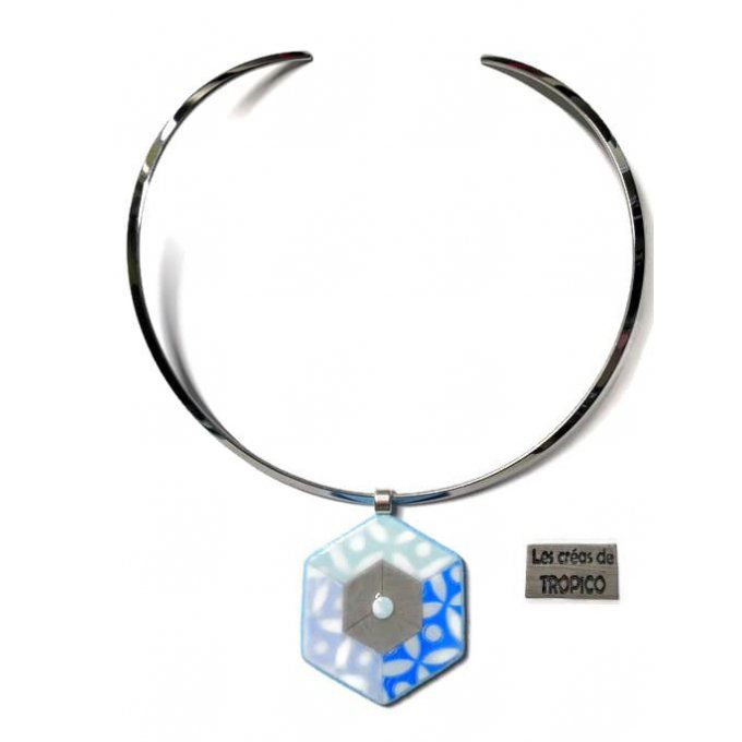 COLLIER BOIS BLEU MARQUETERIE FLEUR