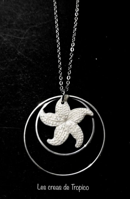 COLLIER FIMO PENDENTIF  ETOILE DE MER  BLANC