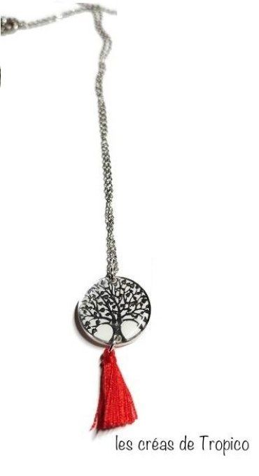 COLLIER PENDENTIF ARBRE DE VIE POMPON