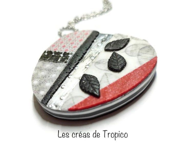 COLLIER  FIMO FEUILLE ROUGE