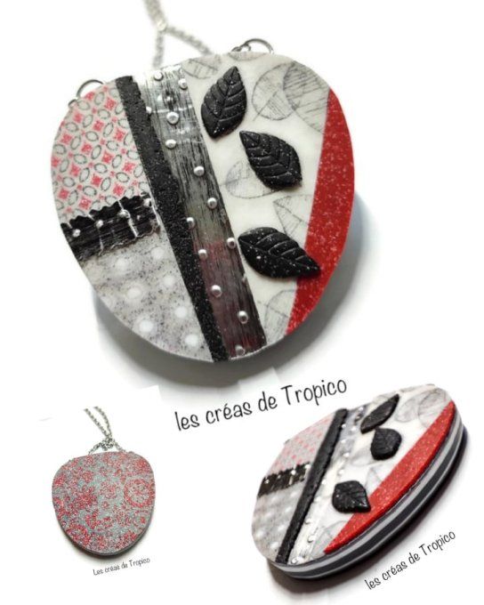 COLLIER  FIMO FEUILLE ROUGE