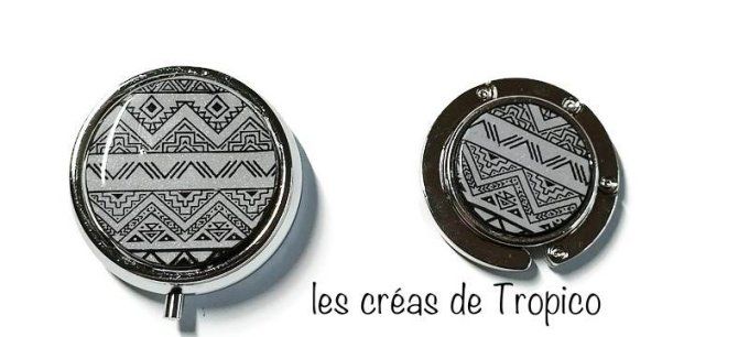 collection accesoires de sacs avec décor géométrique noir et blanc en argile polymère.