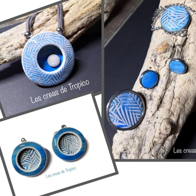 BOUCLES D'OREILLES FIMO FEUILLAGE BLEU