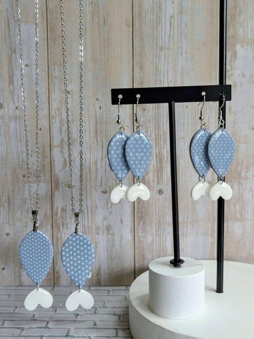 Boucles d'oreilles pendantes en forme de sardine gris à pois blancs, montées sur crochets en acier i