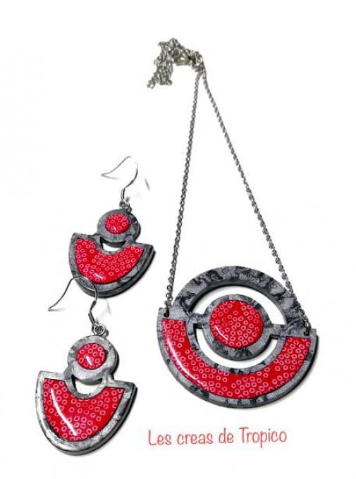 BOUCLES D'OREILLES FIMO GRIS ROUGE