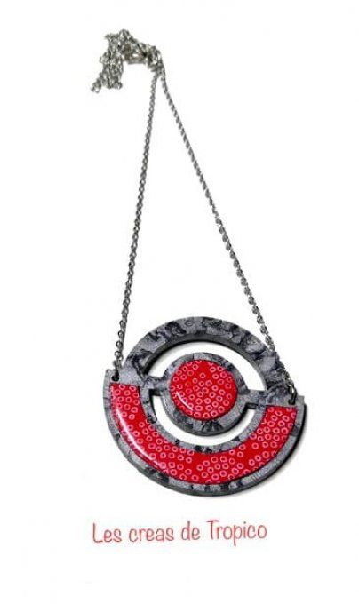 COLLIER FIMO PENDENTIF  GRIS ROUGE